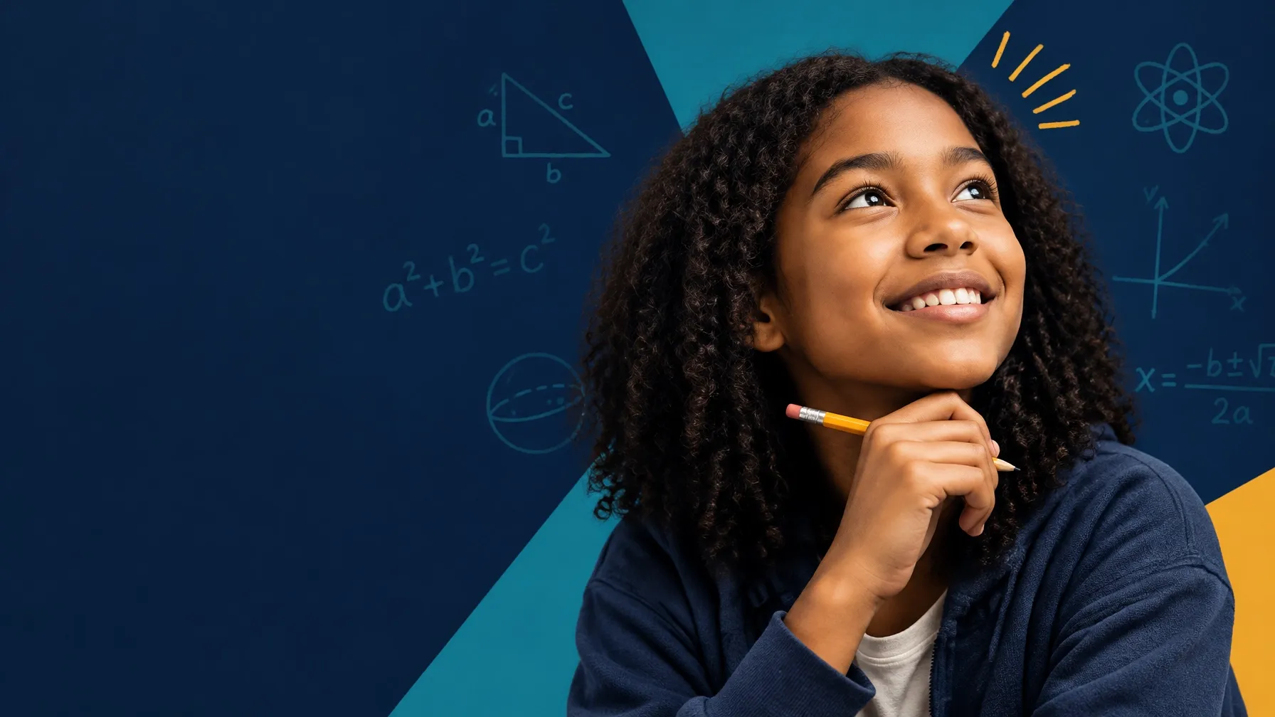 A student thinking through a math problem with a pencil in hand